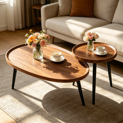 Set of 2 Mid-Century Coffee Tables Solid Wood