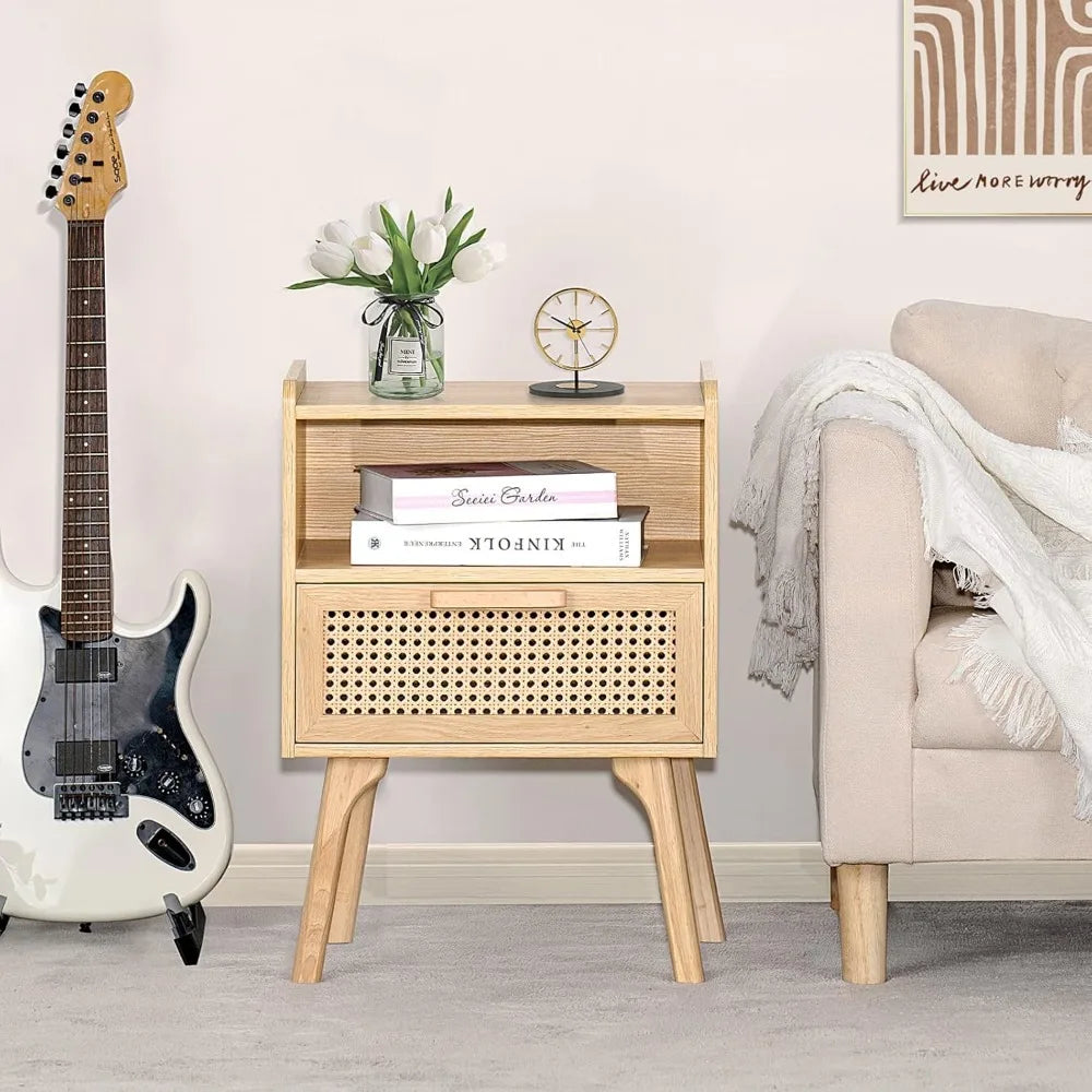 Rattan Nightstand with Drawer and Open Shelf