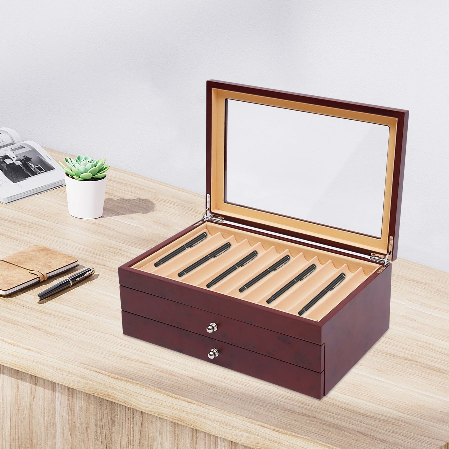 Fountain Pen Wood Leather Storage Case Organizer
