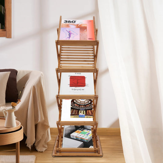 5-Tier Bamboo Floor Stand Folding Magazine Rack