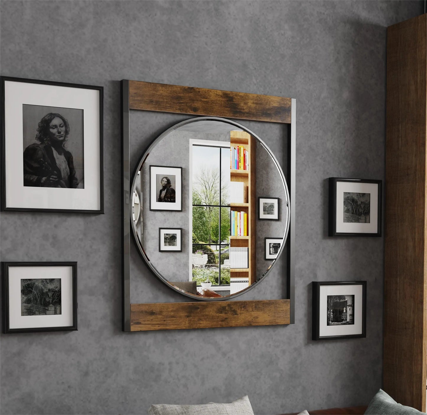 Industrial Metal Wood Frame Wall-Mounted Mirror