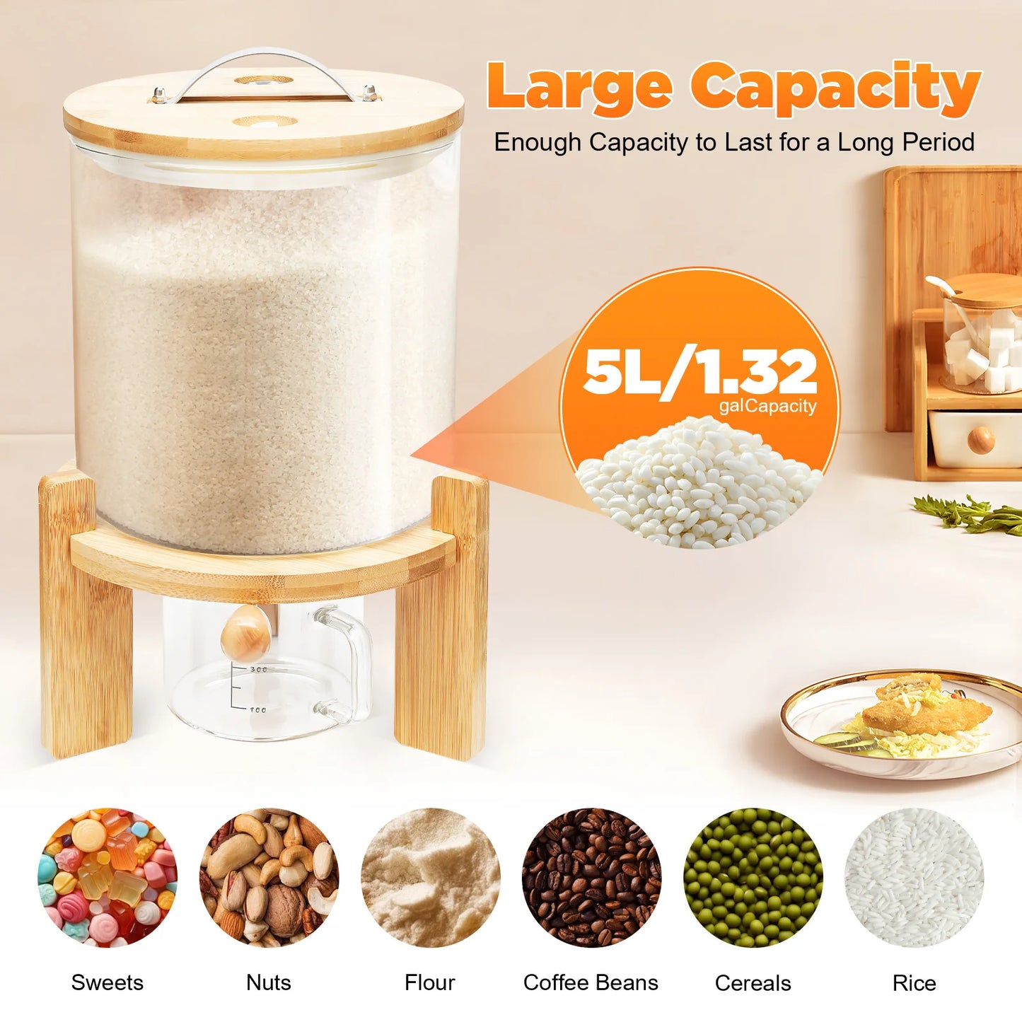 5L Clear Glass Cereal Dispenser with Sealed Bamboo Lid