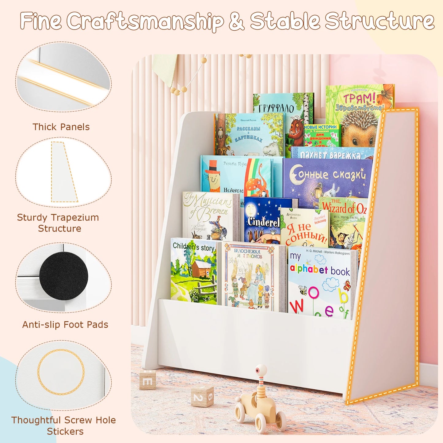 Toddlers Bookshelf Rack Deep Shelves Natural 4-tier