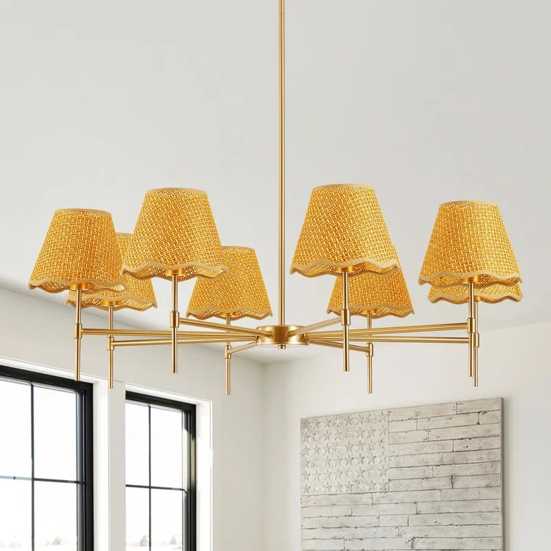 8-Light Boho Rattan Chandelier with Adjustable Height