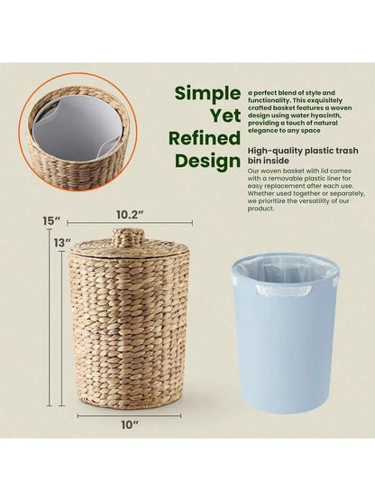 Water Hyacinth Wicker Trash Can With Lid