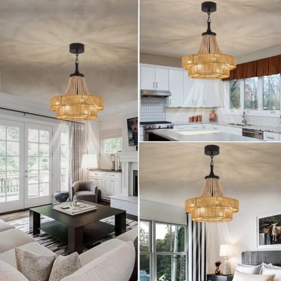 20" Caged Ceiling Fan Boho Rattan Chandelier