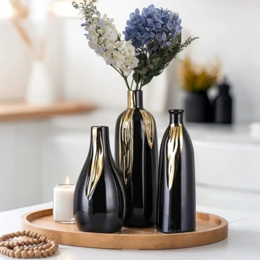 Ceramic Vase 3 Pcs Set Gold and Black