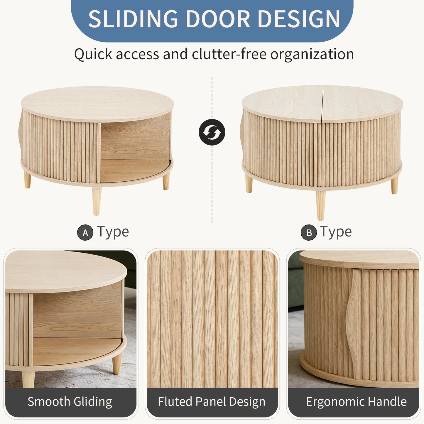31IN Round Coffee Table with Flip-Top Storage