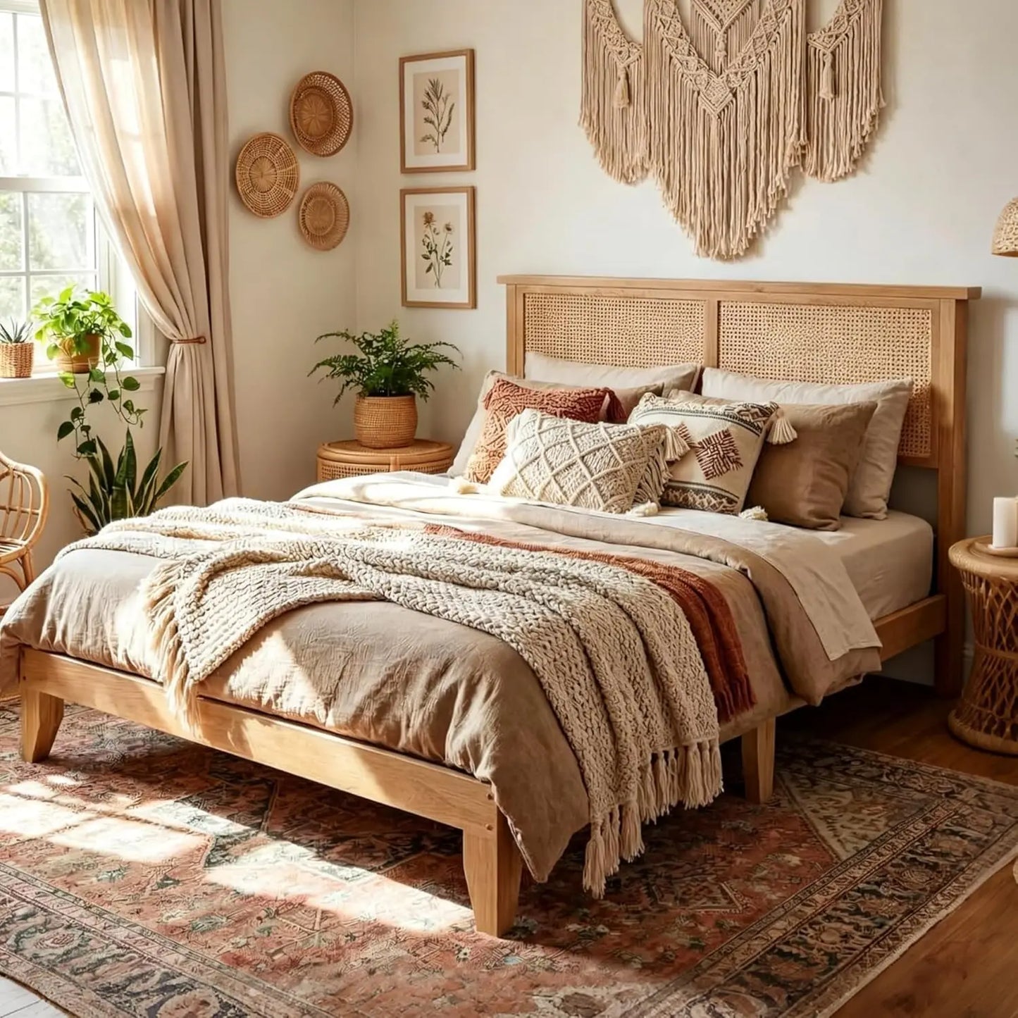 Queen Size Rattan Bed Frame with LED Lights