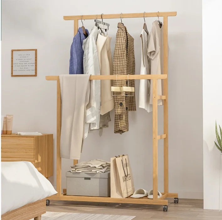Bamboo Clothes Rail Rack on Wheels Free Standing