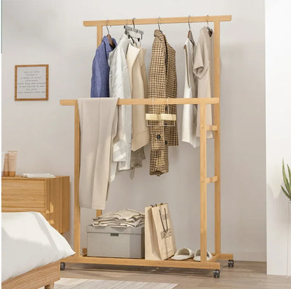 Bamboo Clothes Rail Rack on Wheels Free Standing