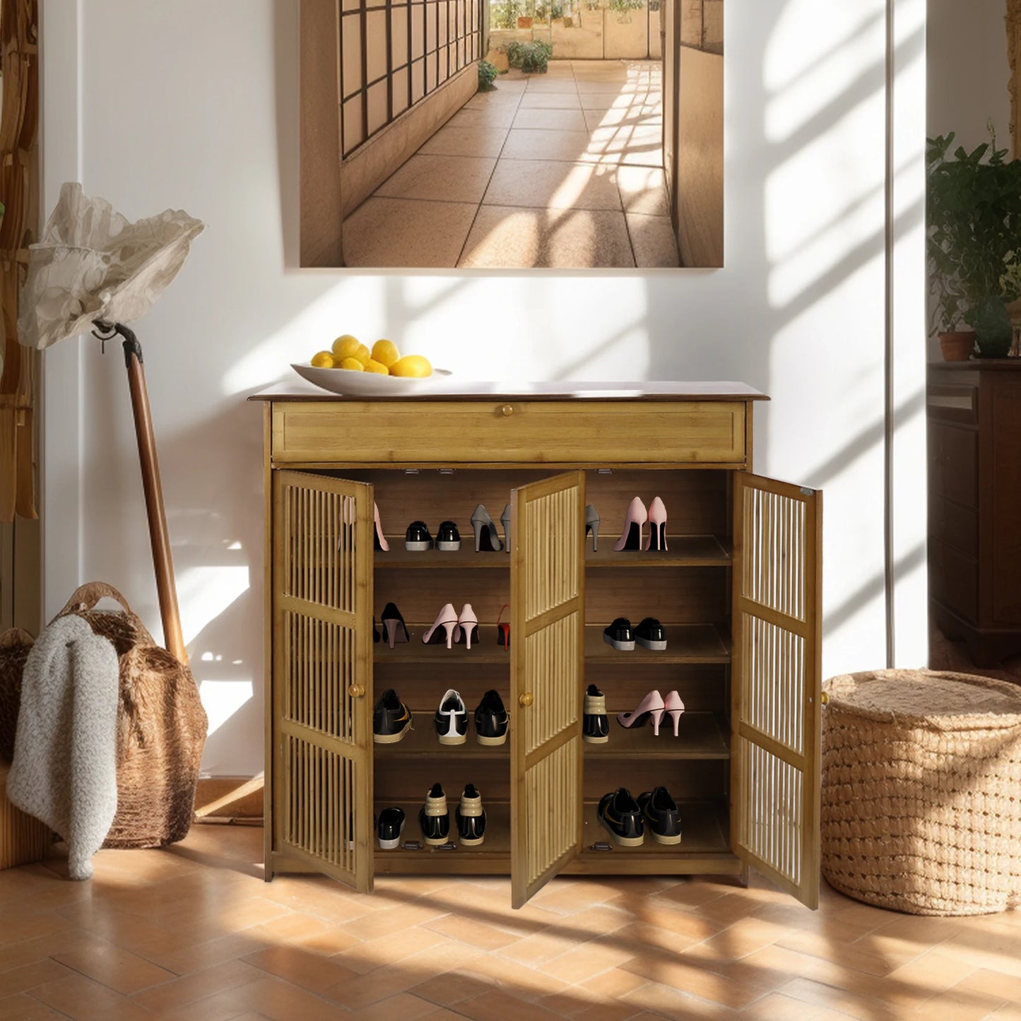 4 Tier Bamboo Shoe Storage Rack with 3 Hollow Doors