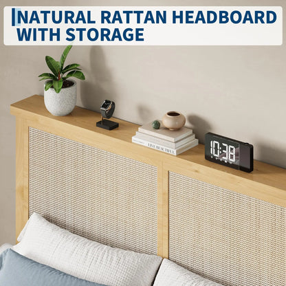 Queen Size Rattan Bed Frame with LED Lights