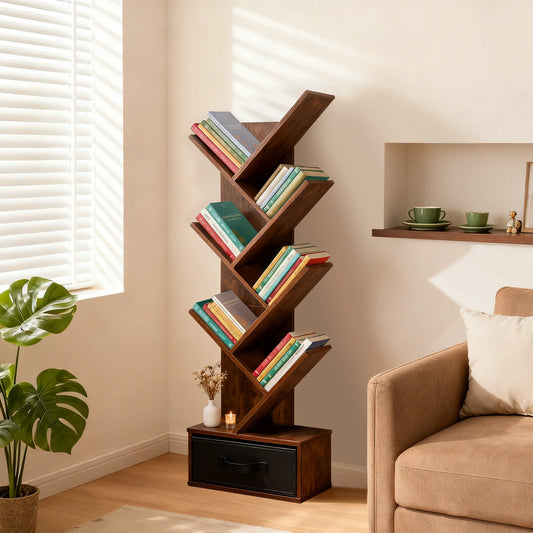 Geometric Wooden Book Rack 7-Tier Tree Bookshelf