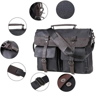 Vintage Black Water Resistant Leather Laptop Bag