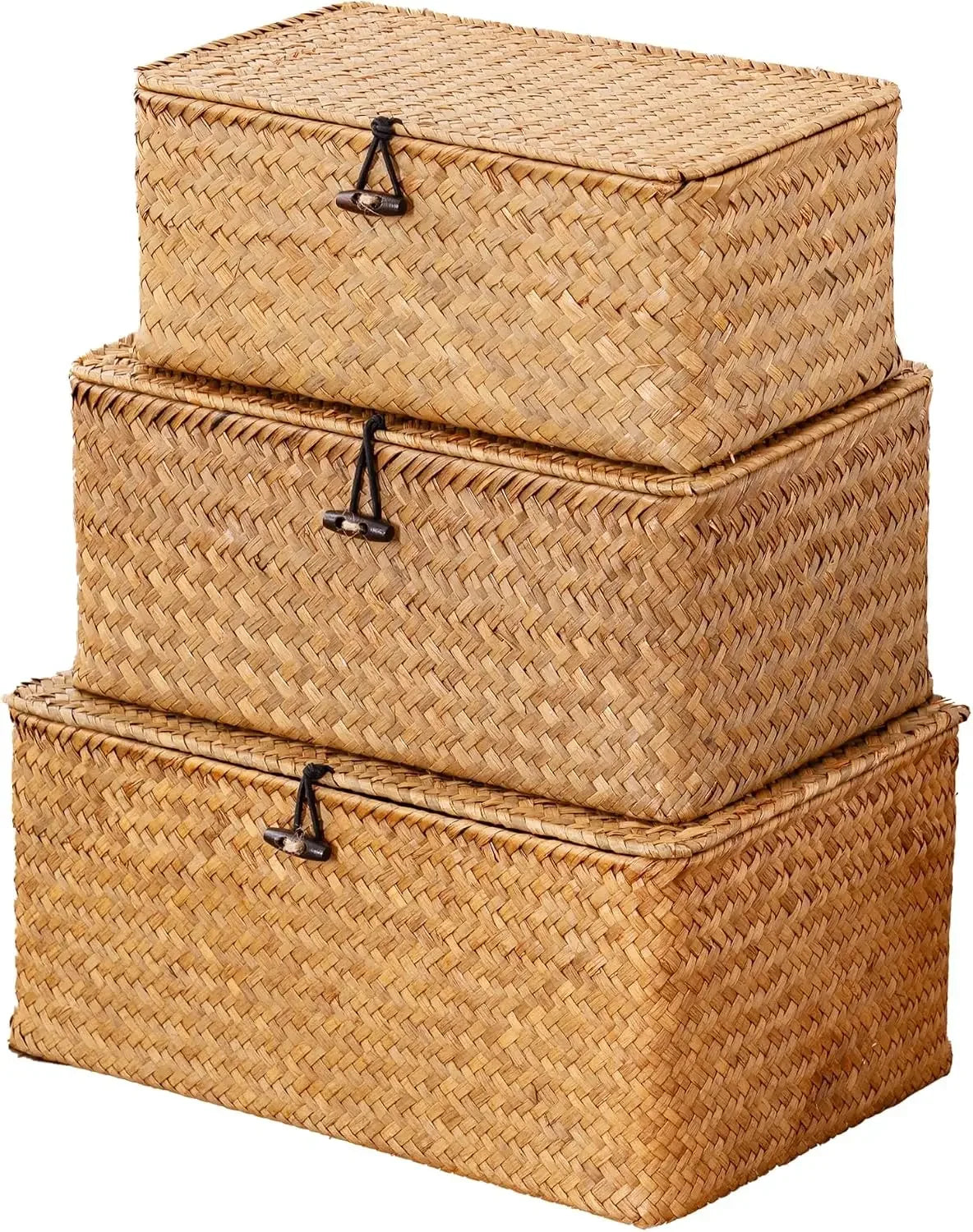 Natural Seagrass Bin with Lid Set of 3