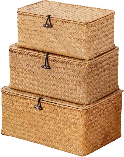 Natural Seagrass Bin with Lid Set of 3