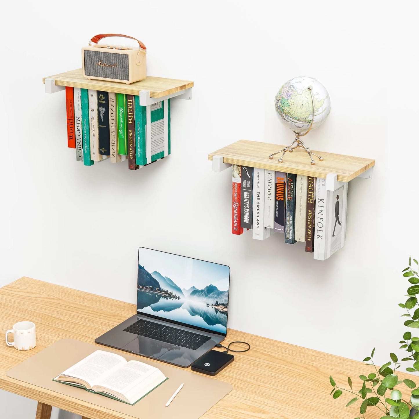 2 Set Floating Bookshelf Pine Wood White Bracket