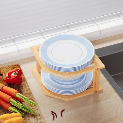 2 Tier Bamboo Corner Shelf for Kitchen Cabinet