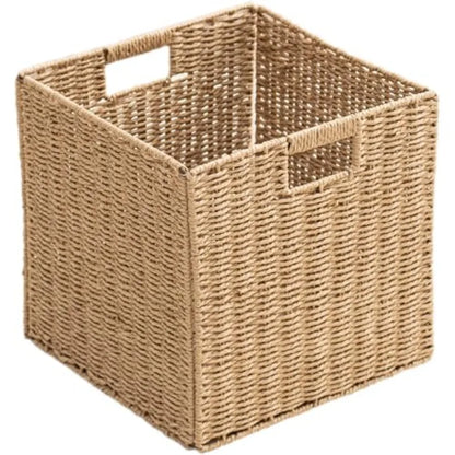 Handwoven Paper Woven Cube Basket with Handles