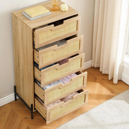 47 Inch Tall Rattan 5-Drawer Dresser
