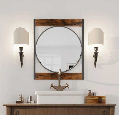 Industrial Metal Wood Frame Wall-Mounted Mirror