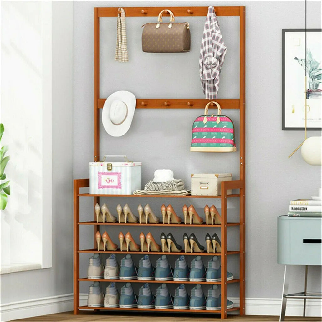 Large Wooden 5 Tiers Coat Stand Shoe Rack Hanger
