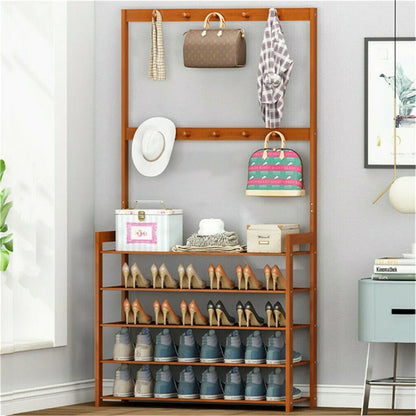 Large Wooden 5 Tiers Coat Stand Shoe Rack Hanger