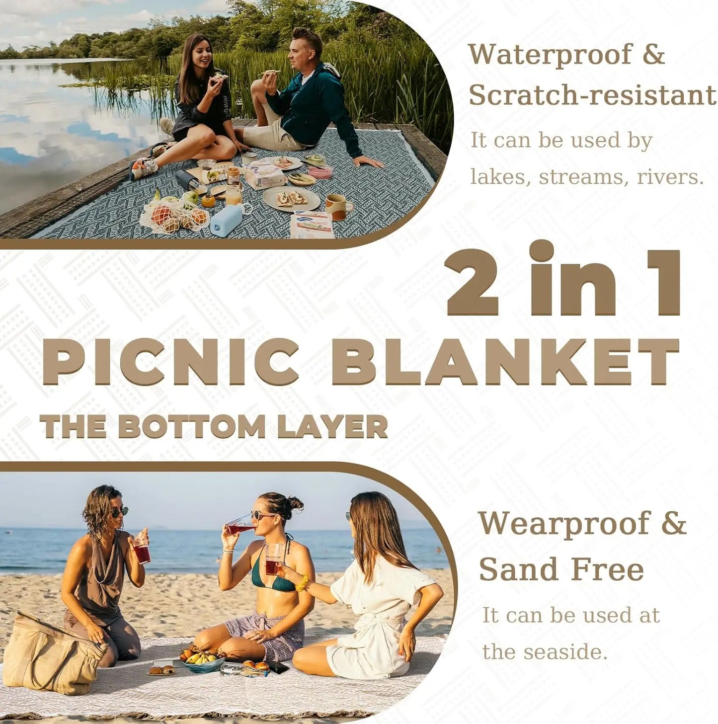2-in-1 Large Boho Mat Waterproof Picnic Blanket