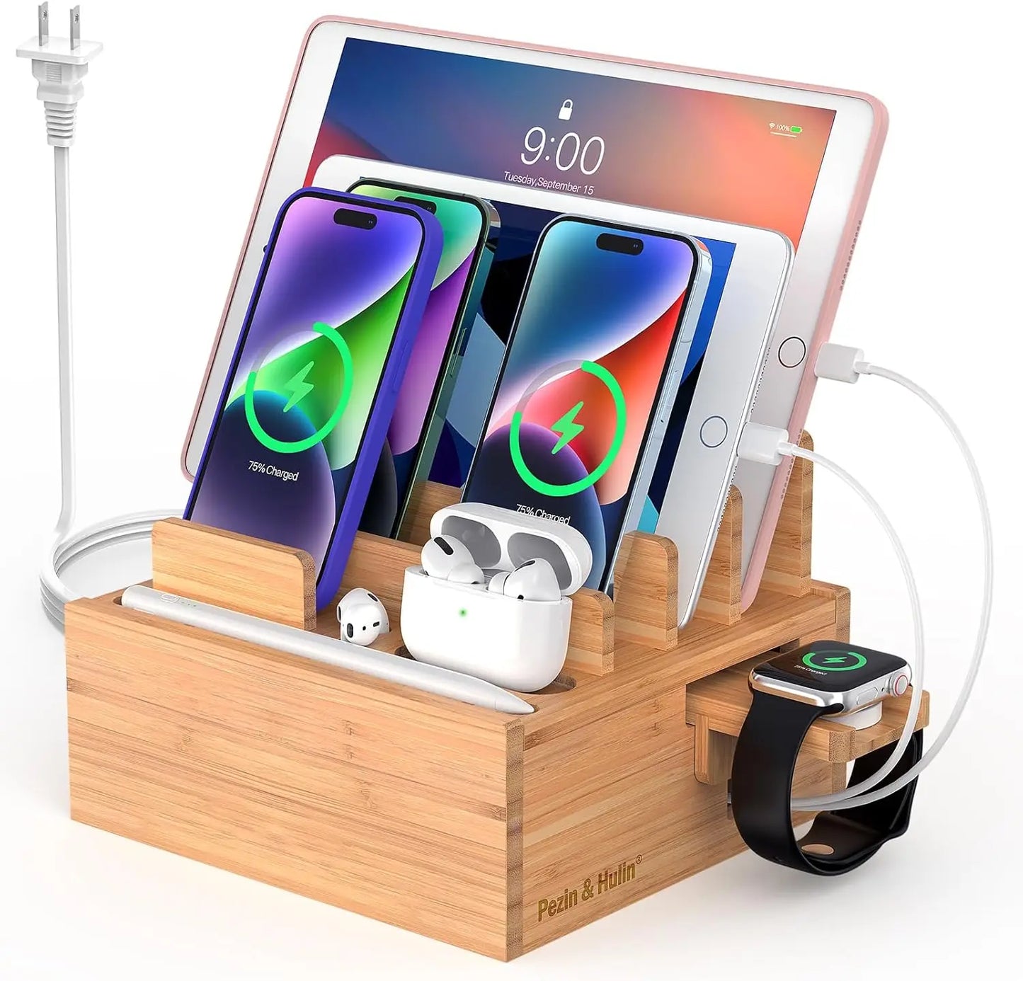 Bamboo Charging Station with 5-Port USB Hub