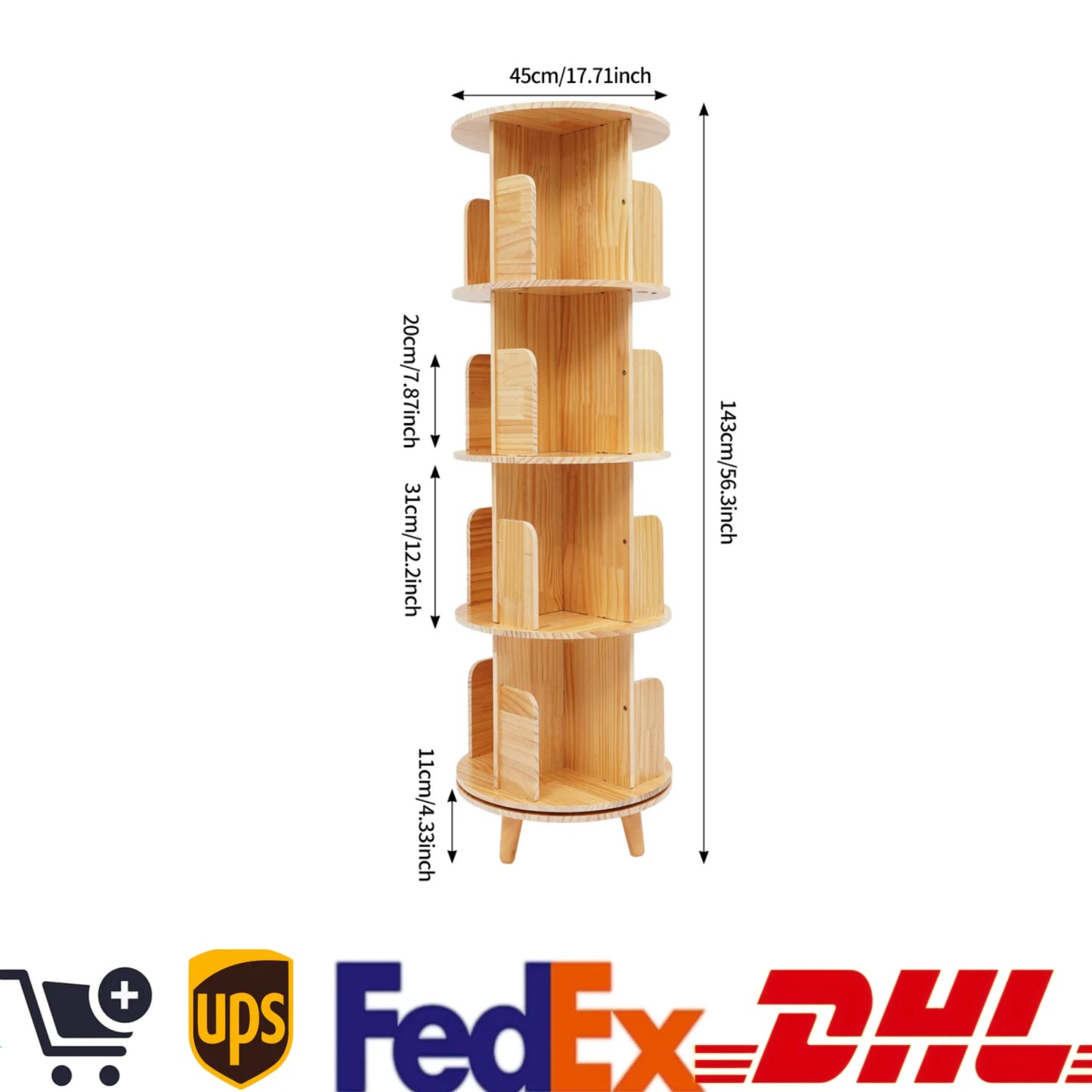 4 Tiers Freestanding Pine Wood Rotating Bookshelf