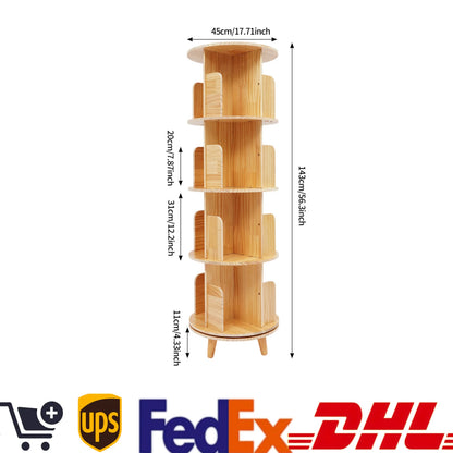 4 Tiers Freestanding Pine Wood Rotating Bookshelf