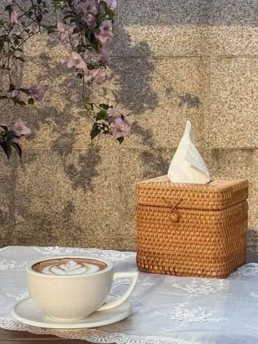 Handwoven Natural Rattan Square Tissue Box With Lid