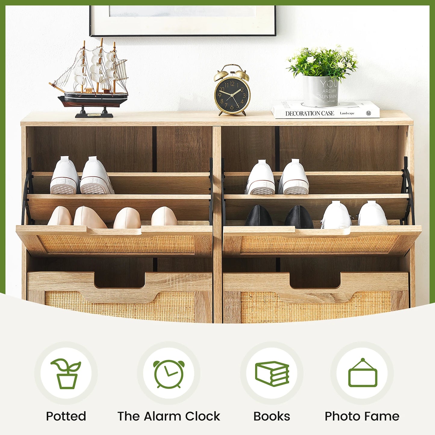 Rattan Shoe Cabinet with 4 Flip Drawers
