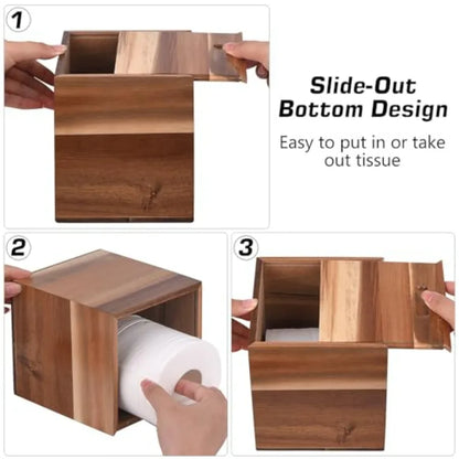 Acacia Wood Tissue Box Holder with Slide-Out Bottom
