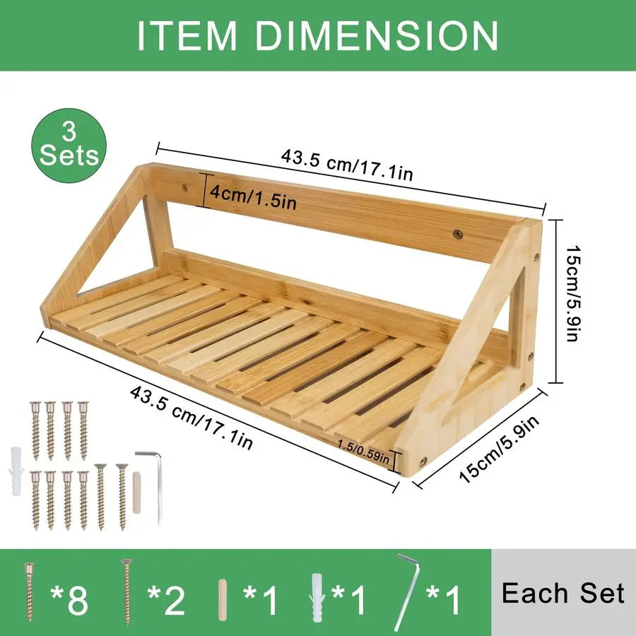 3 Pcs Bamboo Wall Mounted Hanging Storage Shelves