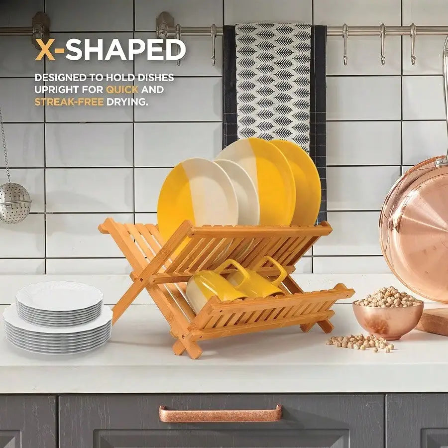 Collapsible 2Tier Bamboo Dish Rack For Kitchen Counter