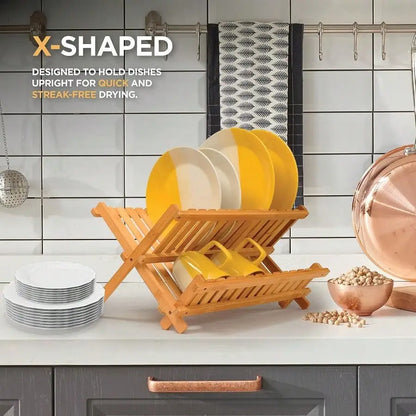 Collapsible 2Tier Bamboo Dish Rack For Kitchen Counter