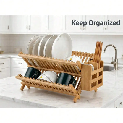 2-Tier Collapsible Bamboo Dish Drying Rack