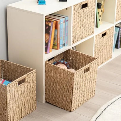 Handwoven Paper Woven Cube Basket with Handles