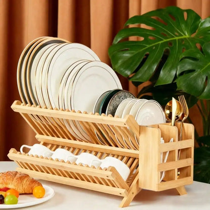 2-Tier Collapsible Bamboo Dish Drying Rack