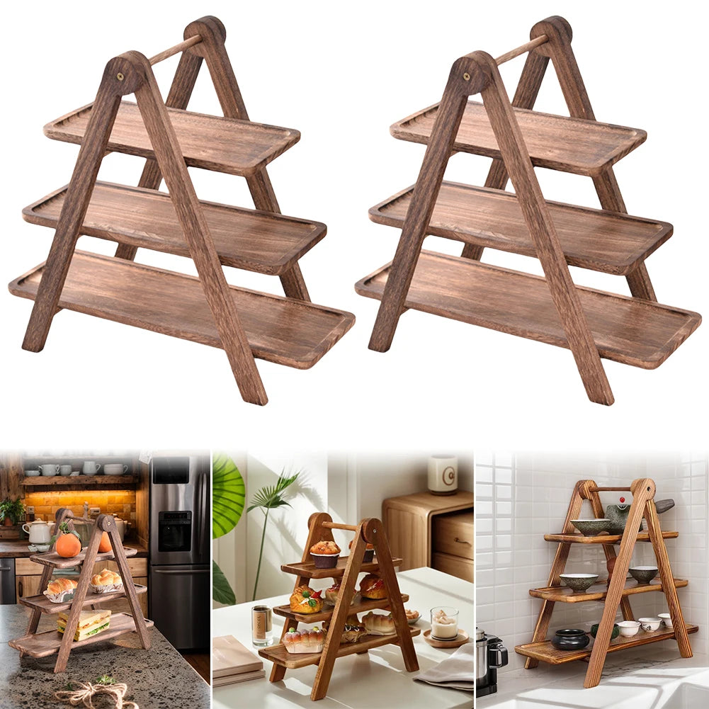 2Pcs Wooden Serving Platter 3 Tier Serving Tray