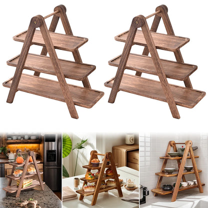 2Pcs Wooden Serving Platter 3 Tier Serving Tray