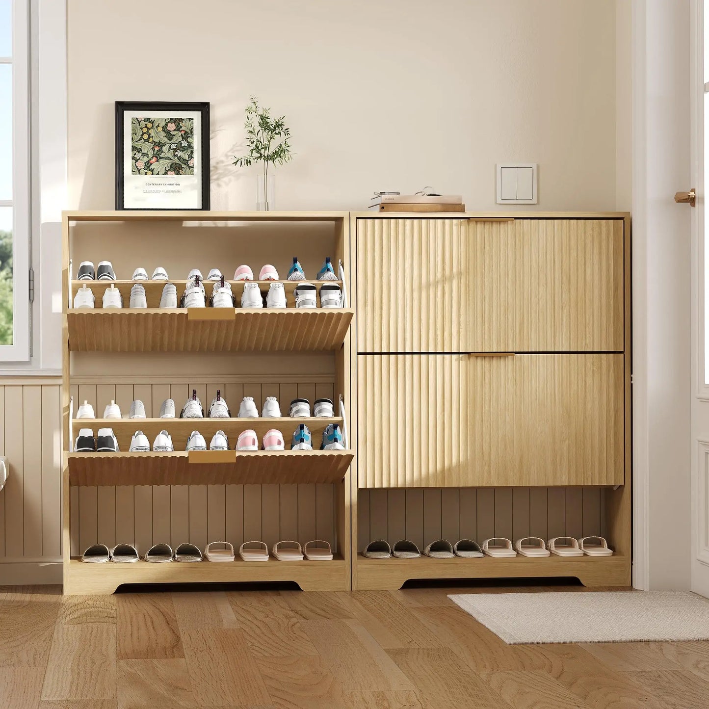 Narrow Shoe Storage Cabinet With 2 Flip Drawers