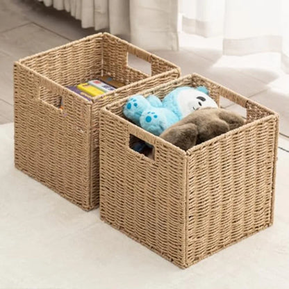 Handwoven Paper Woven Cube Basket with Handles