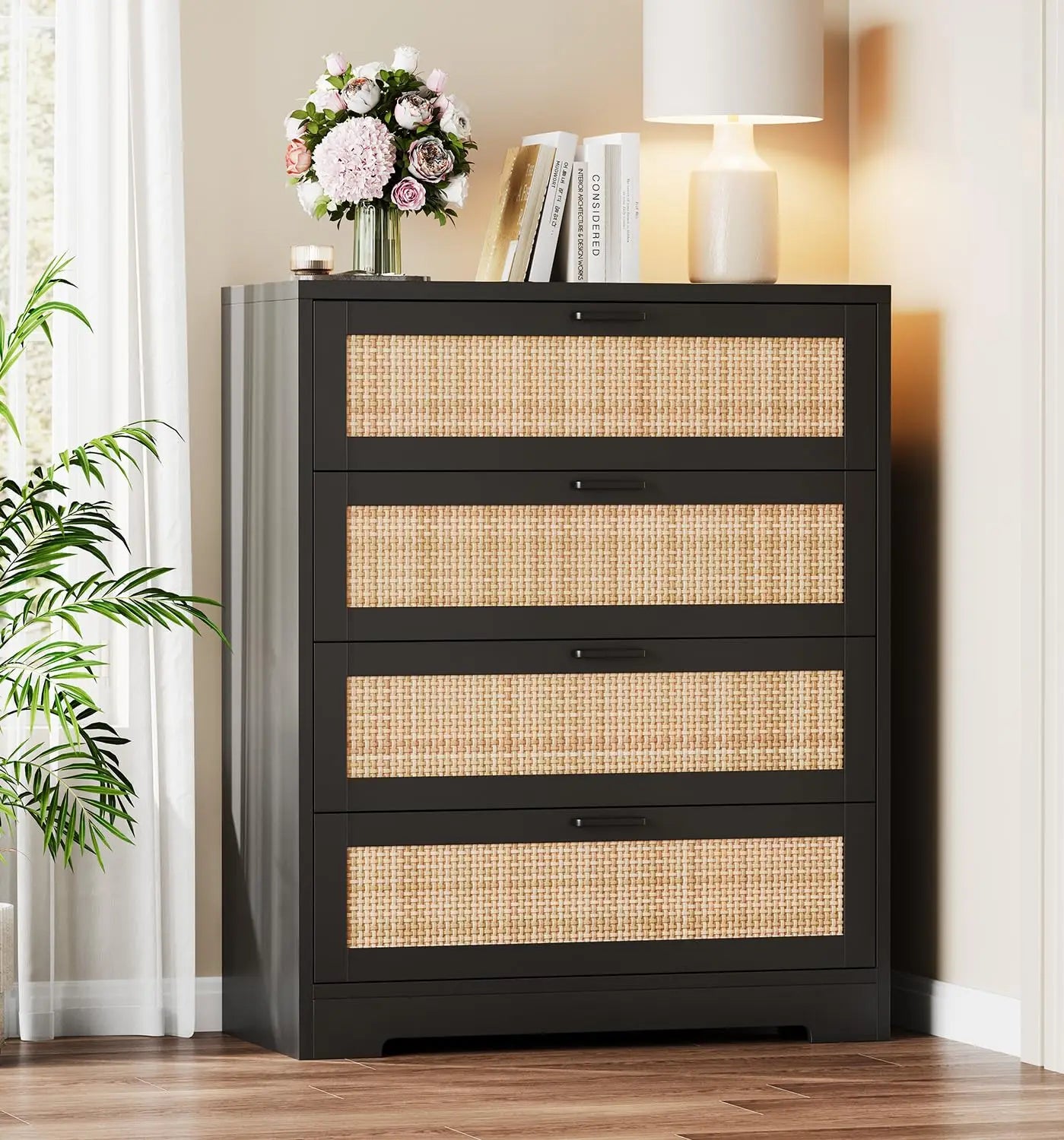 4 Drawer Wooden Rattan Dresser
