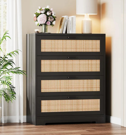 4 Drawer Wooden Rattan Dresser