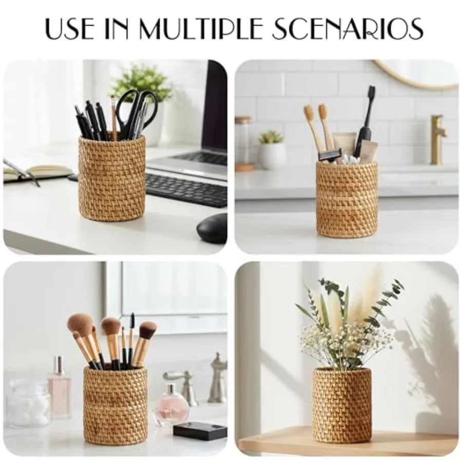 Wicker Rattan Pencil Holder Desk Organizer Cup