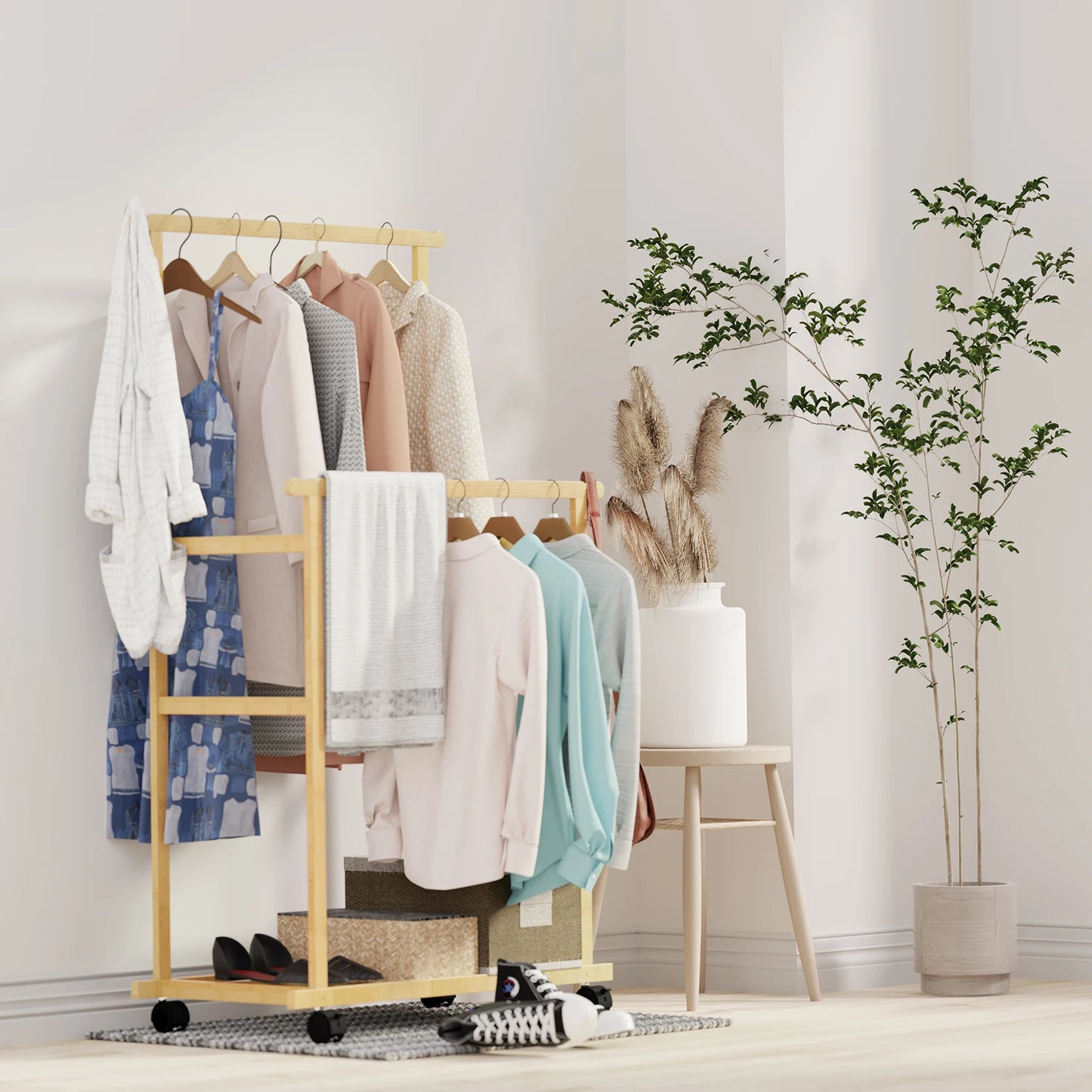 Bamboo Clothes Rail Rack on Wheels Free Standing