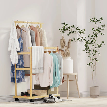 Bamboo Clothes Rail Rack on Wheels Free Standing